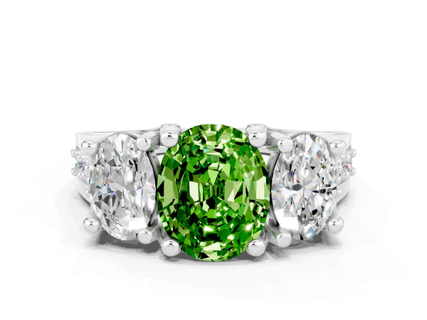 Silver Oval Cut Peridot Three-Stone Ring with Channel Set Band and Four-Prong Setting