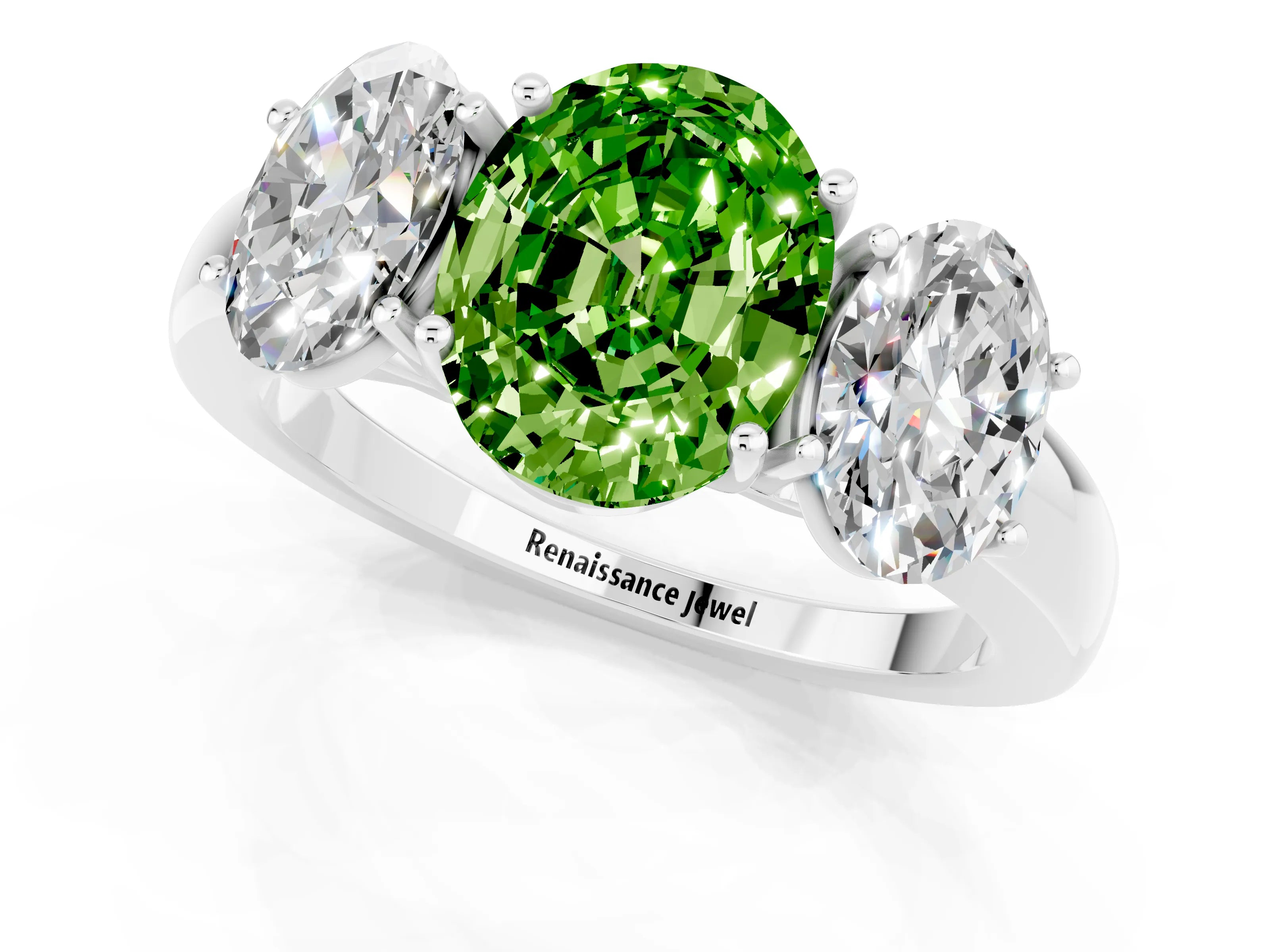 White gold Oval Cut Peridot Three-Stone Ring with Four-Prong Setting and Classic Band_1