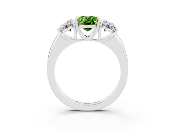 White gold Oval Cut Peridot Three-Stone Ring with Four-Prong Setting and Classic Band