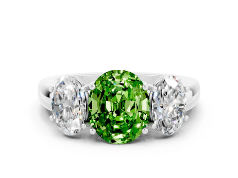 White gold Oval Cut Peridot Three-Stone Ring with Four-Prong Setting and Classic Band