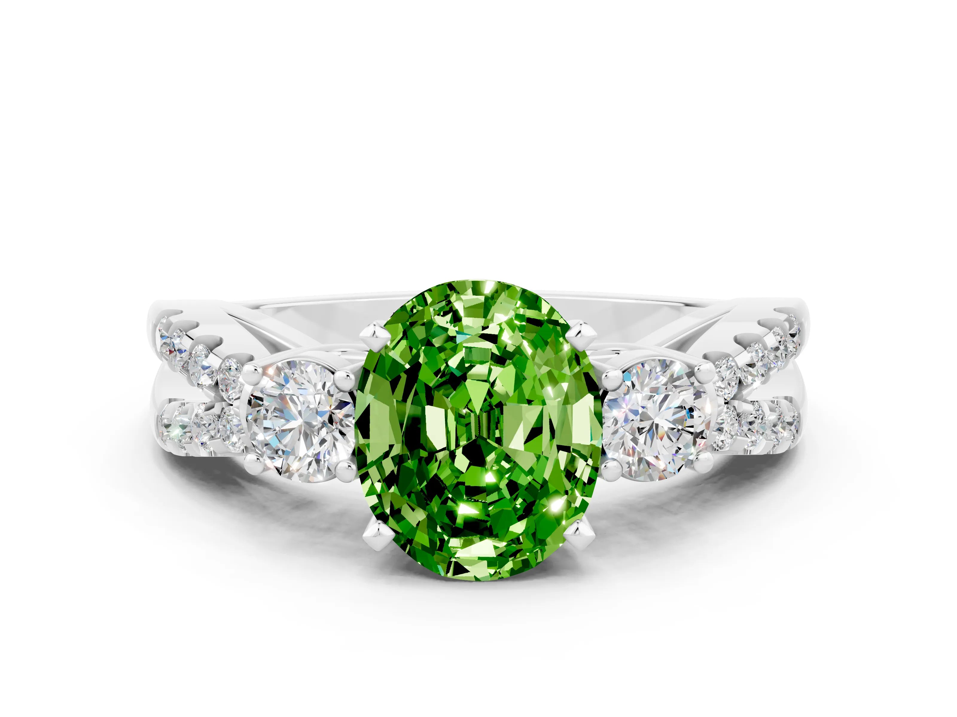 White gold Oval Cut Peridot Three-Stone Ring with Pavé Split Shank and Four-Prong Setting_12