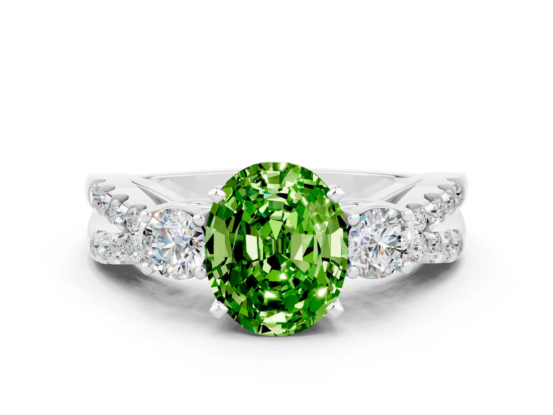 White gold Oval Cut Peridot Three-Stone Ring with Pavé Split Shank and Four-Prong Setting_12
