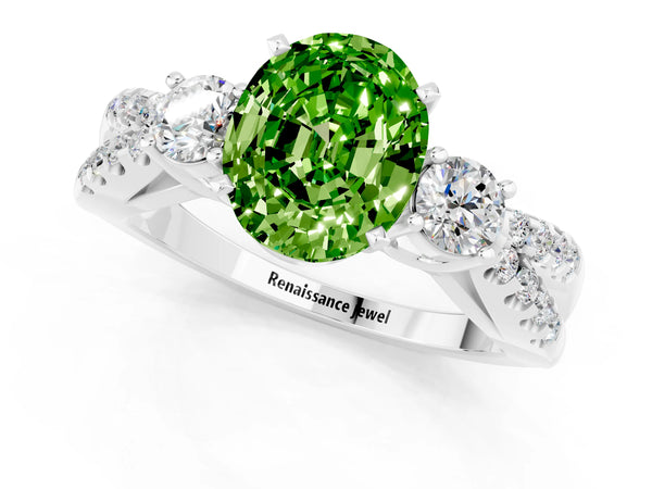 Silver Oval Cut Peridot Three-Stone Ring with Pavé Split Shank and Four-Prong Setting