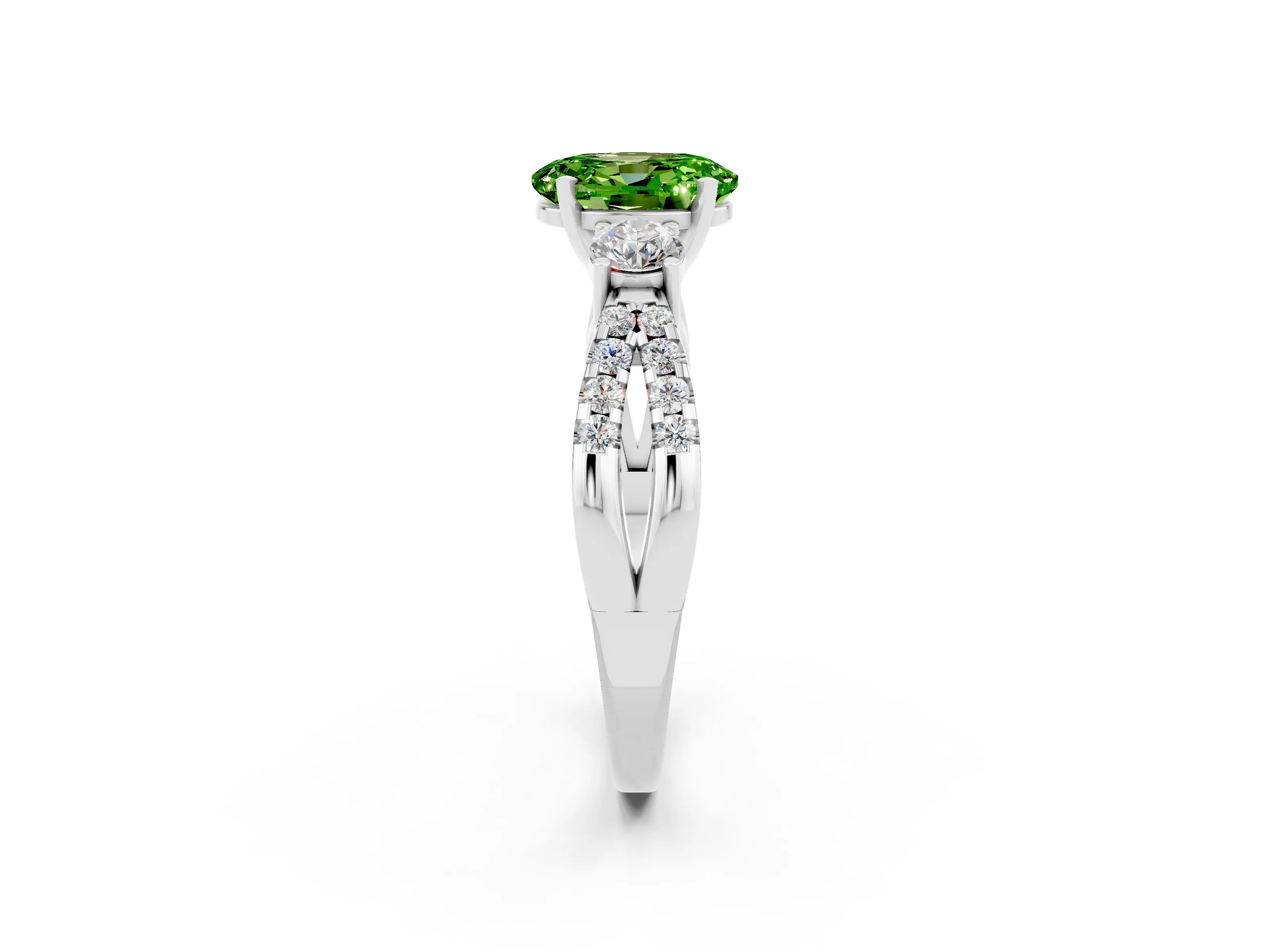 White gold Oval Cut Peridot Three-Stone Ring with Pavé Split Shank and Four-Prong Setting_14