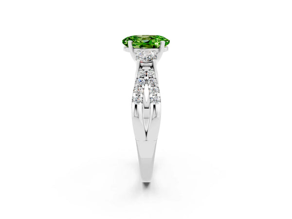 White gold Oval Cut Peridot Three-Stone Ring with Pavé Split Shank and Four-Prong Setting