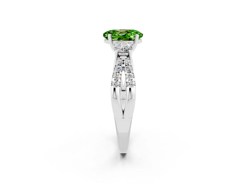 White gold Oval Cut Peridot Three-Stone Ring with Pavé Split Shank and Four-Prong Setting_14