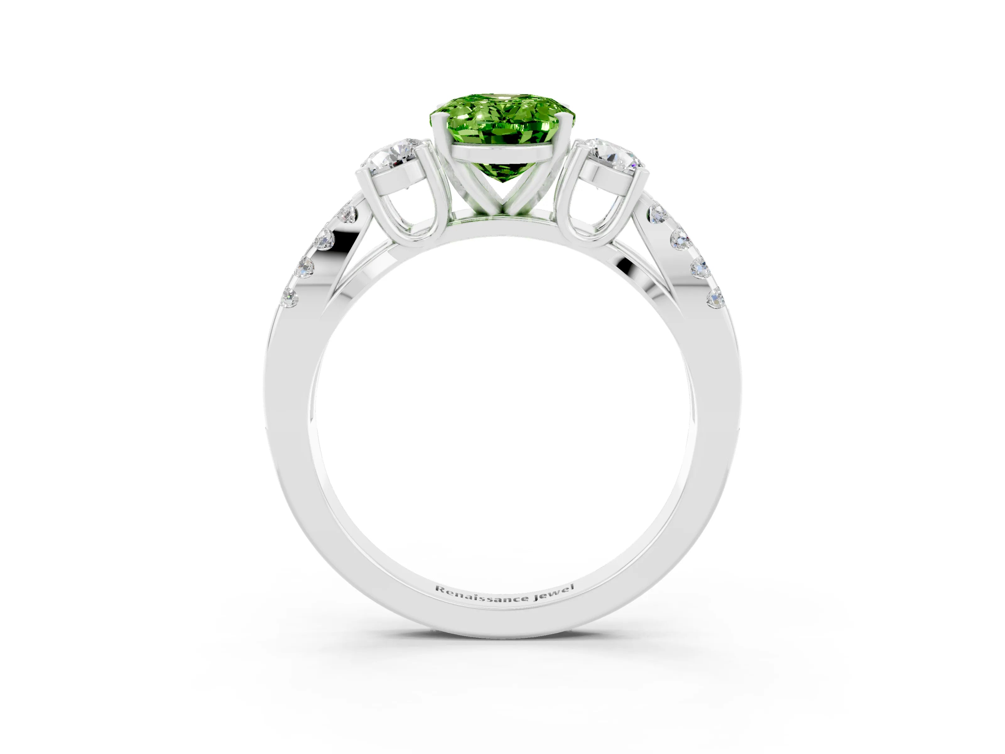 White gold Oval Cut Peridot Three-Stone Ring with Pavé Split Shank and Four-Prong Setting_15