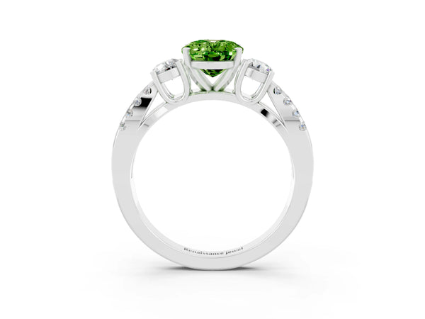 White gold Oval Cut Peridot Three-Stone Ring with Pavé Split Shank and Four-Prong Setting