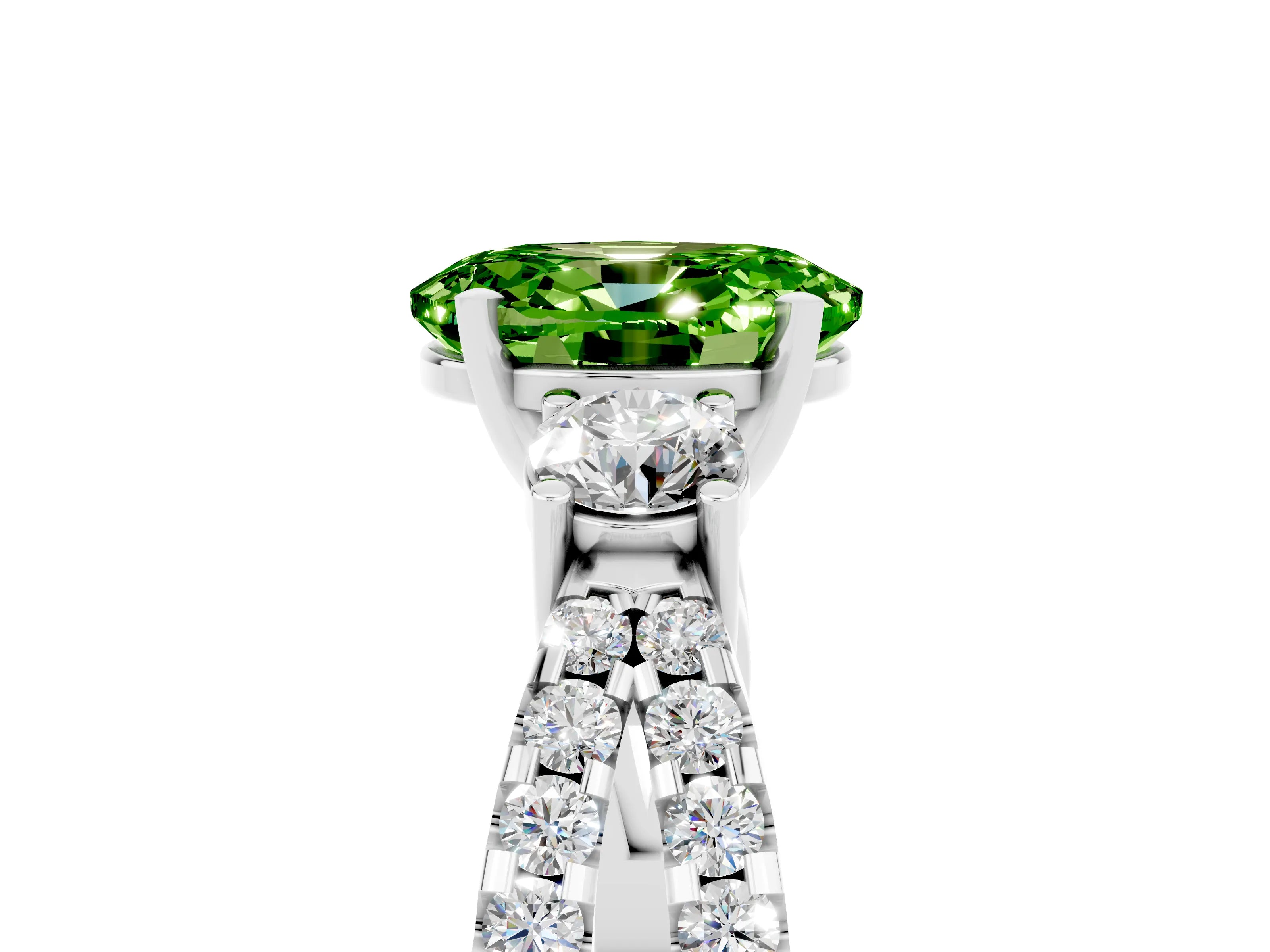 White gold Oval Cut Peridot Three-Stone Ring with Pavé Split Shank and Four-Prong Setting_17
