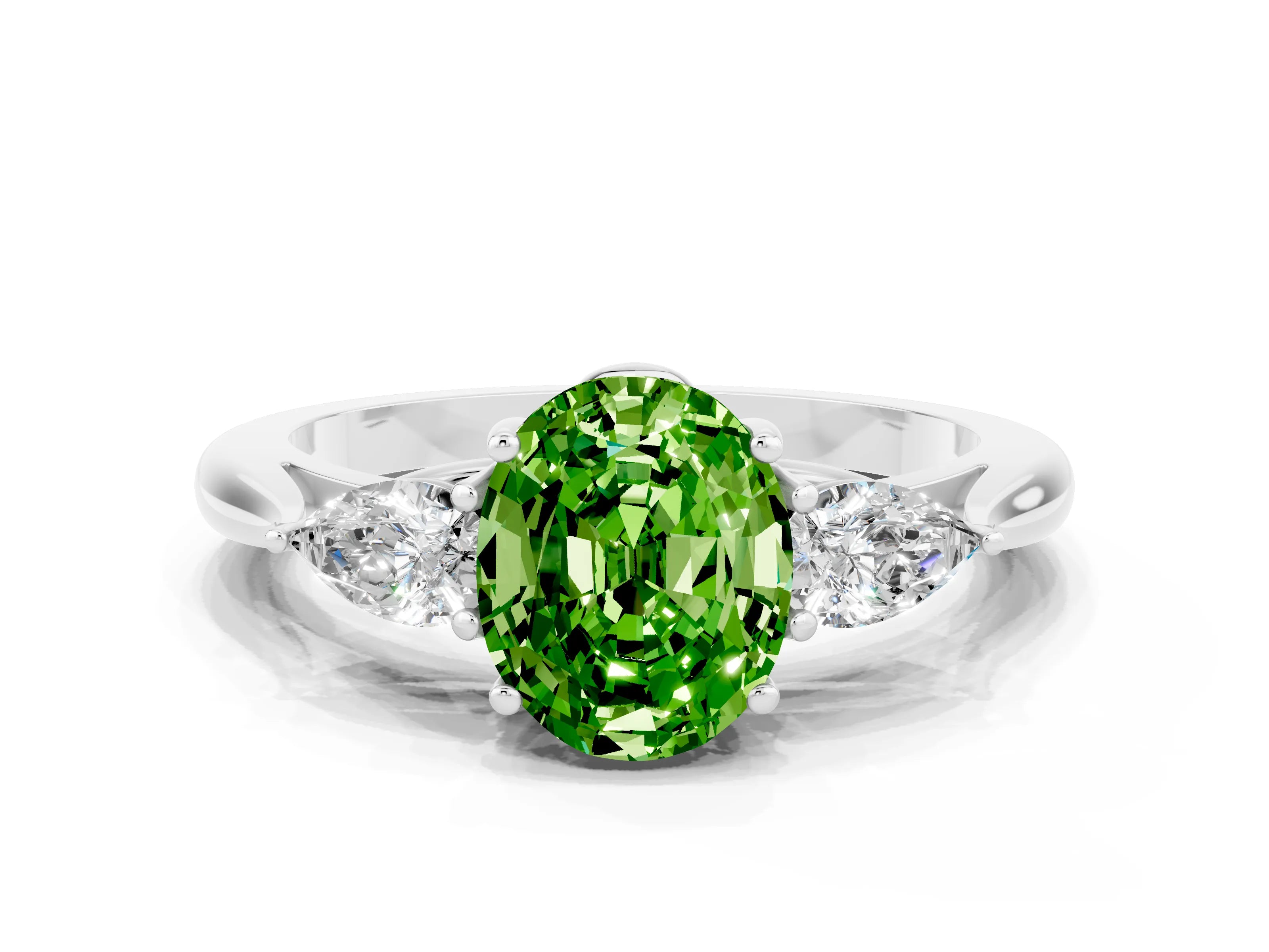 White gold Oval Cut Peridot Three-Stone Ring with Pear Side Stones and Four-Prong Setting_12