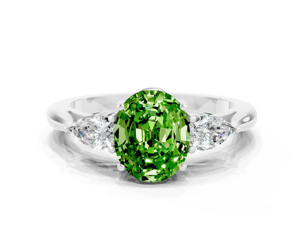 Silver Oval Cut Peridot Three-Stone Ring with Pear  Side Stones and Prong Setting