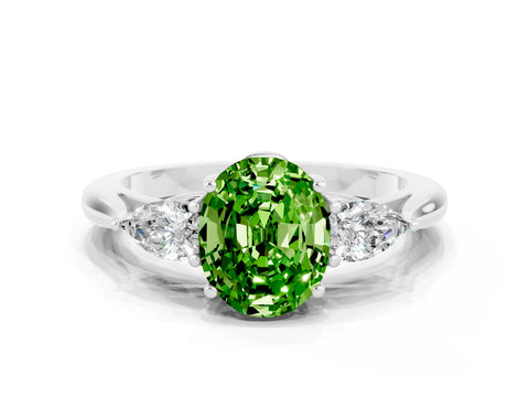 White gold Oval Cut Peridot Three-Stone Ring with Pear Side Stones and Four-Prong Setting_12