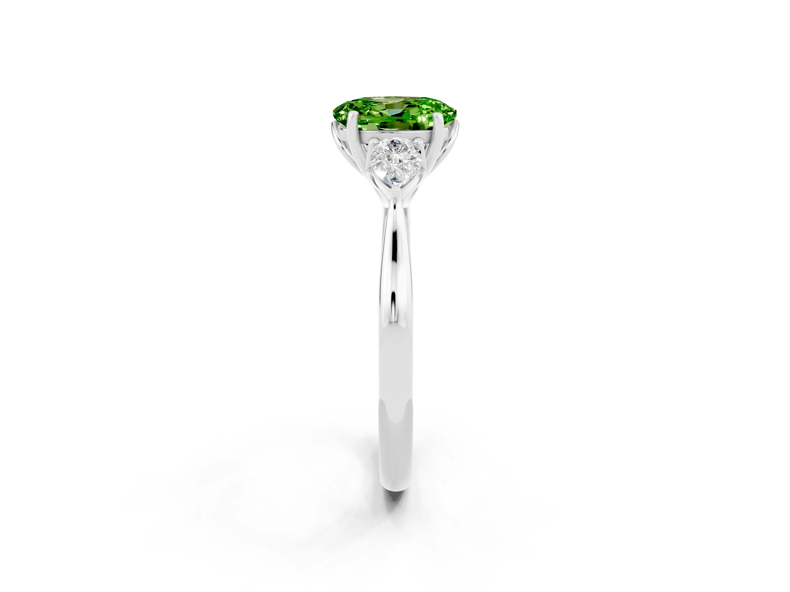 White gold Oval Cut Peridot Three-Stone Ring with Pear Side Stones and Four-Prong Setting_14