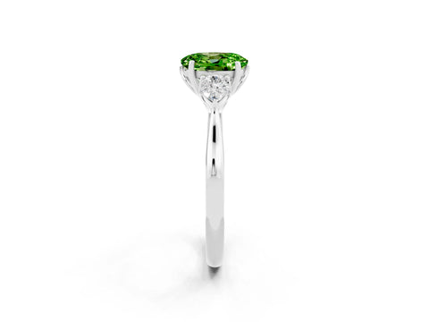 White gold Oval Cut Peridot Three-Stone Ring with Pear Side Stones and Four-Prong Setting_14