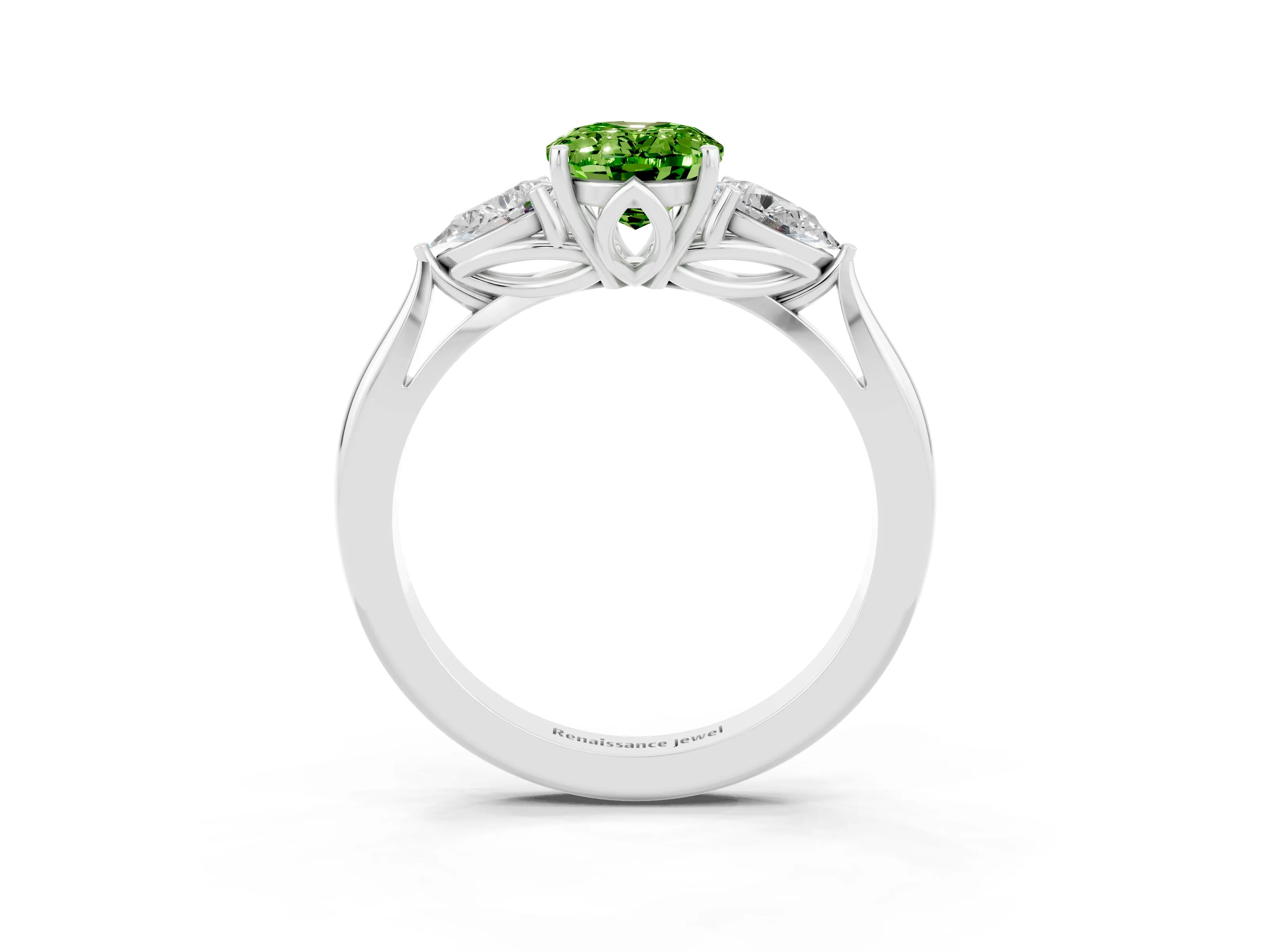 White gold Oval Cut Peridot Three-Stone Ring with Pear Side Stones and Four-Prong Setting_15