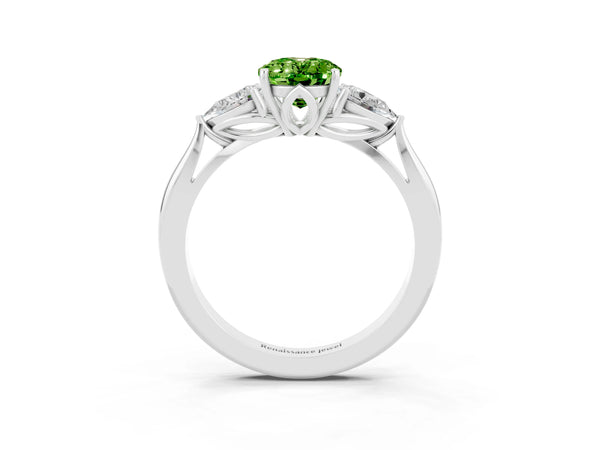 Platinum Oval Cut Peridot Three-Stone Ring with Pear  Side Stones and Prong Setting