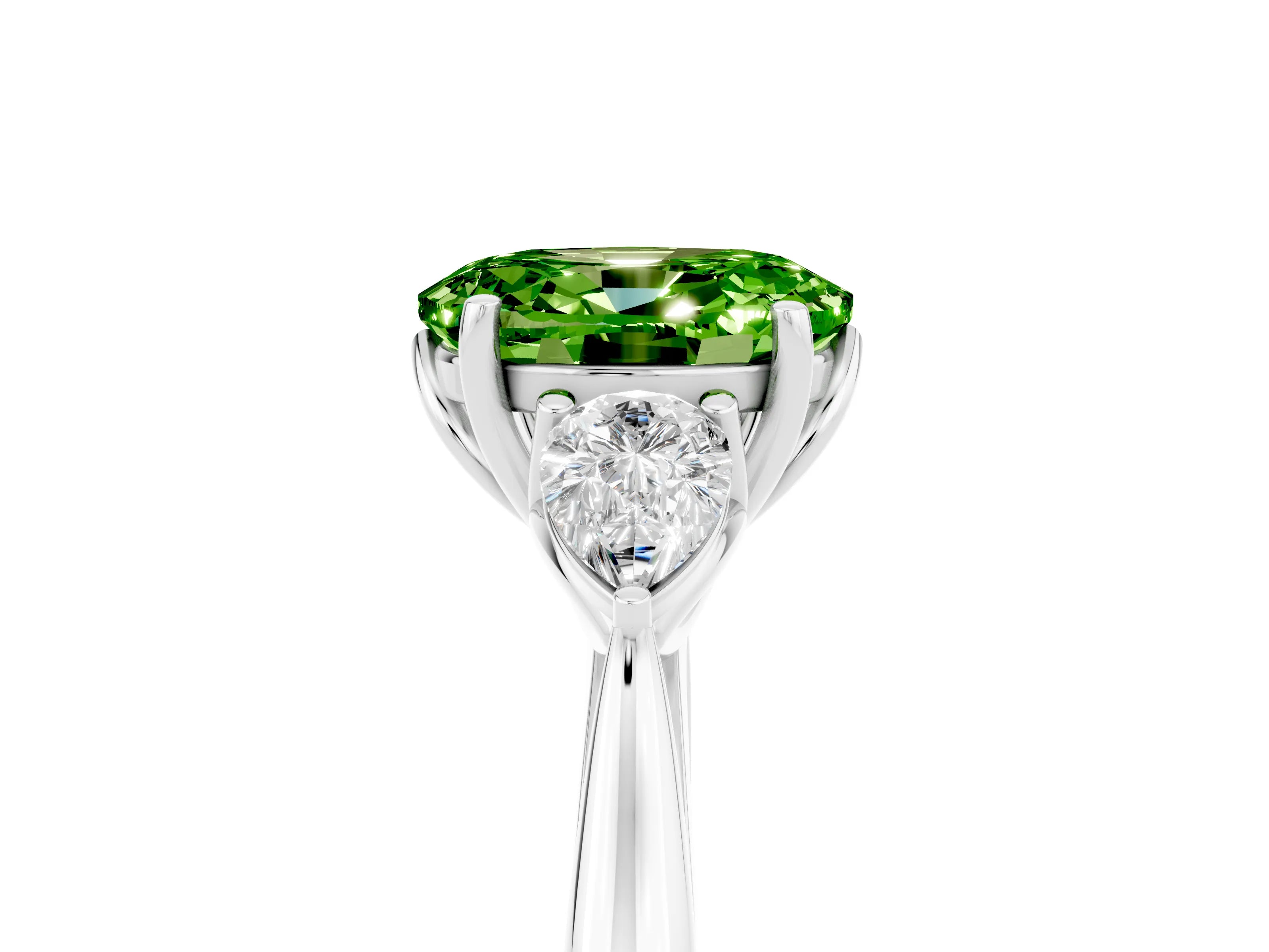 White gold Oval Cut Peridot Three-Stone Ring with Pear Side Stones and Four-Prong Setting_17