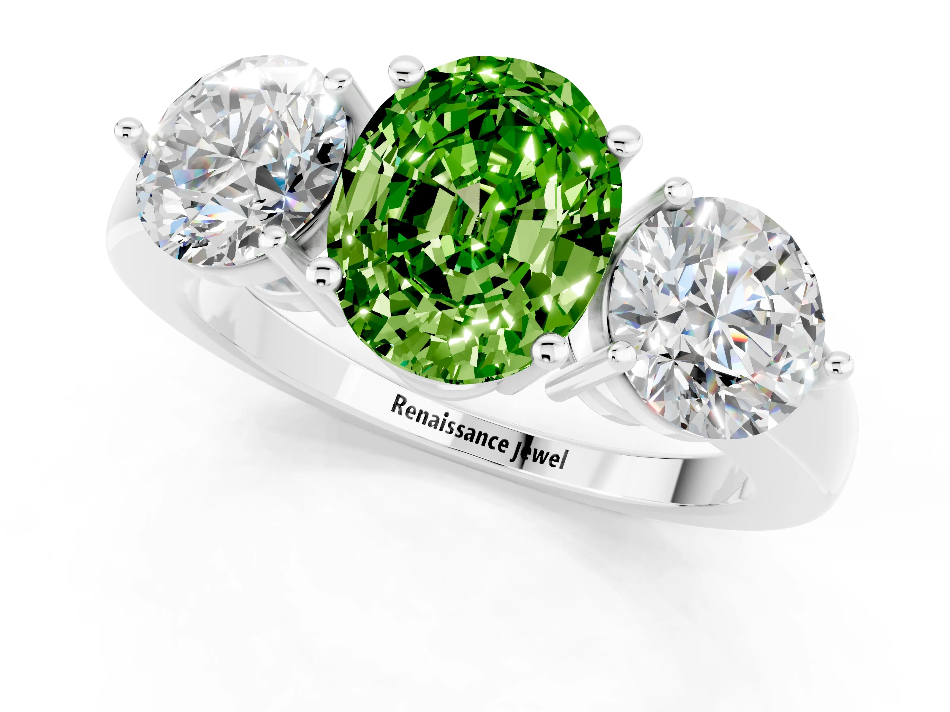White gold Oval Cut Peridot Three-Stone Ring with Prong Setting and Classic Band_1
