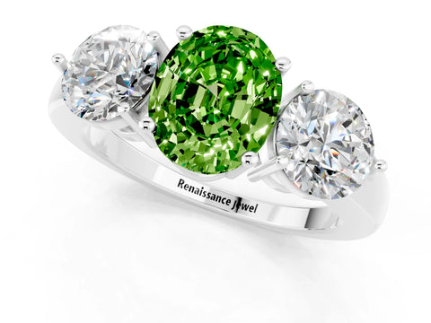 White gold Oval Cut Peridot Three-Stone Ring with Prong Setting and Classic Band_1