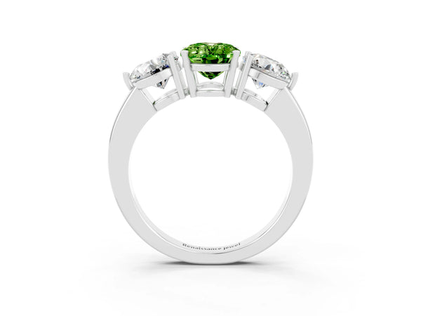 White gold Oval Cut Peridot Three-Stone Ring with Prong Setting and Classic Band