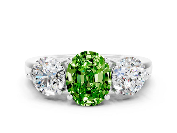 Silver Oval Cut Peridot Three-Stone Ring with Prong Setting and Classic Band