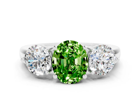 White gold Oval Cut Peridot Three-Stone Ring with Prong Setting and Classic Band
