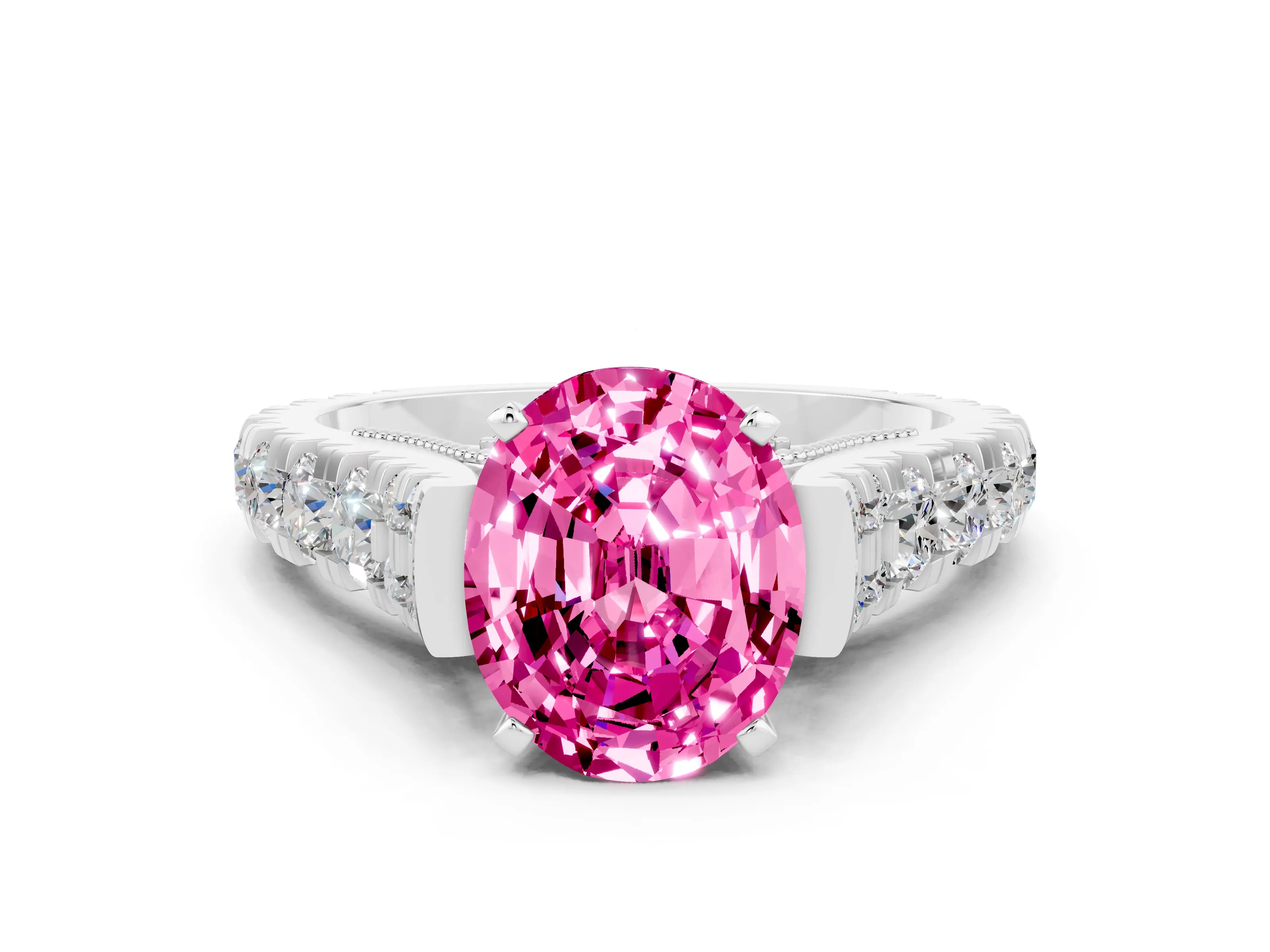 White gold Oval Cut Pink Sapphire Classic Solitaire Ring with Pavé Band and Four-Prong Setting_12