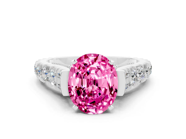 Platinum Oval Cut Pink Sapphire Classic Solitaire Ring with Pavé Band and Four-Prong Setting