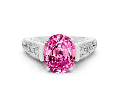 White gold Oval Cut Pink Sapphire Classic Solitaire Ring with Pavé Band and Four-Prong Setting_12