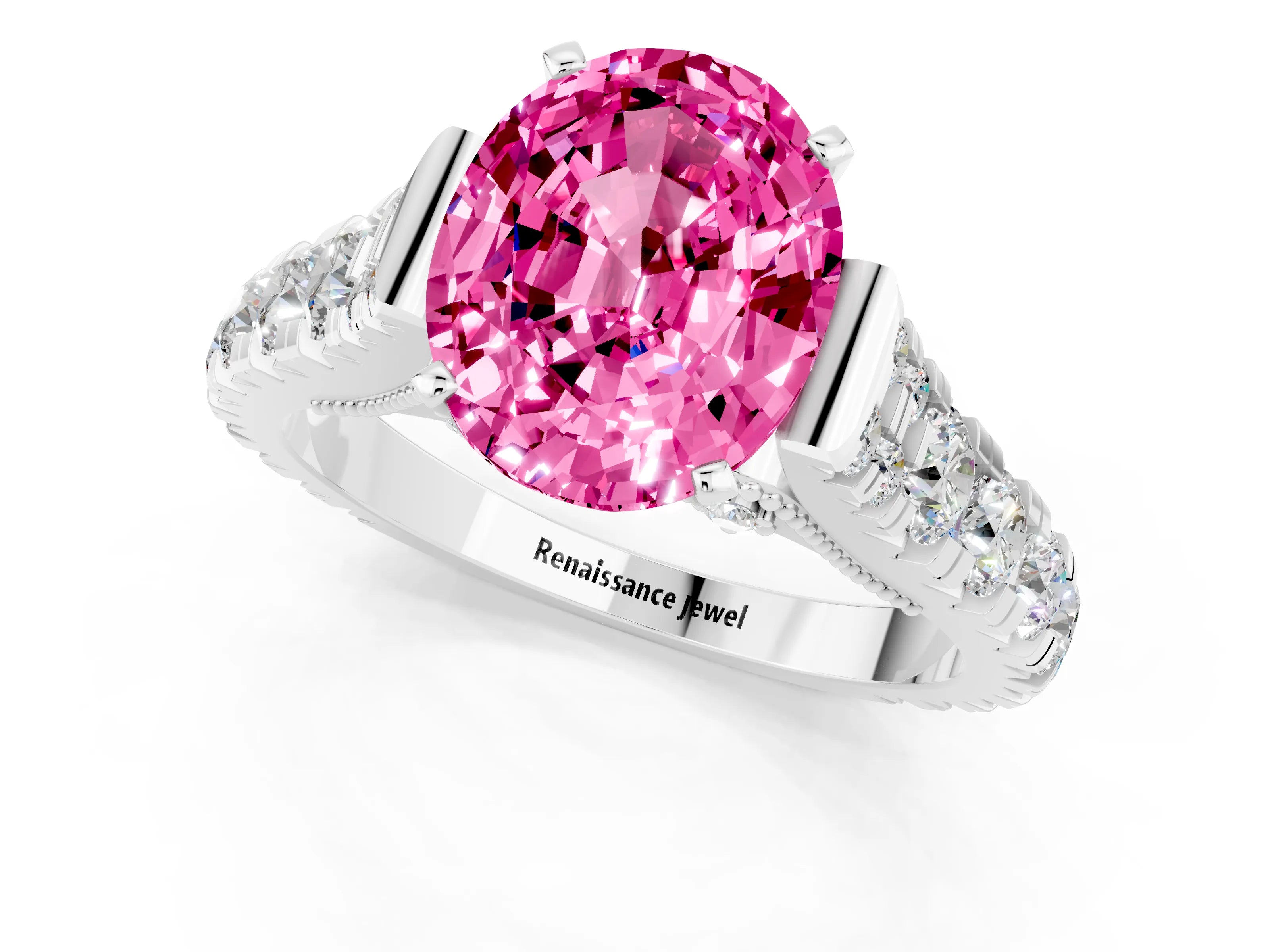 White gold Oval Cut Pink Sapphire Classic Solitaire Ring with Pavé Band and Four-Prong Setting_13
