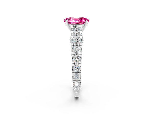 White gold Oval Cut Pink Sapphire Classic Solitaire Ring with Pavé Band and Four-Prong Setting
