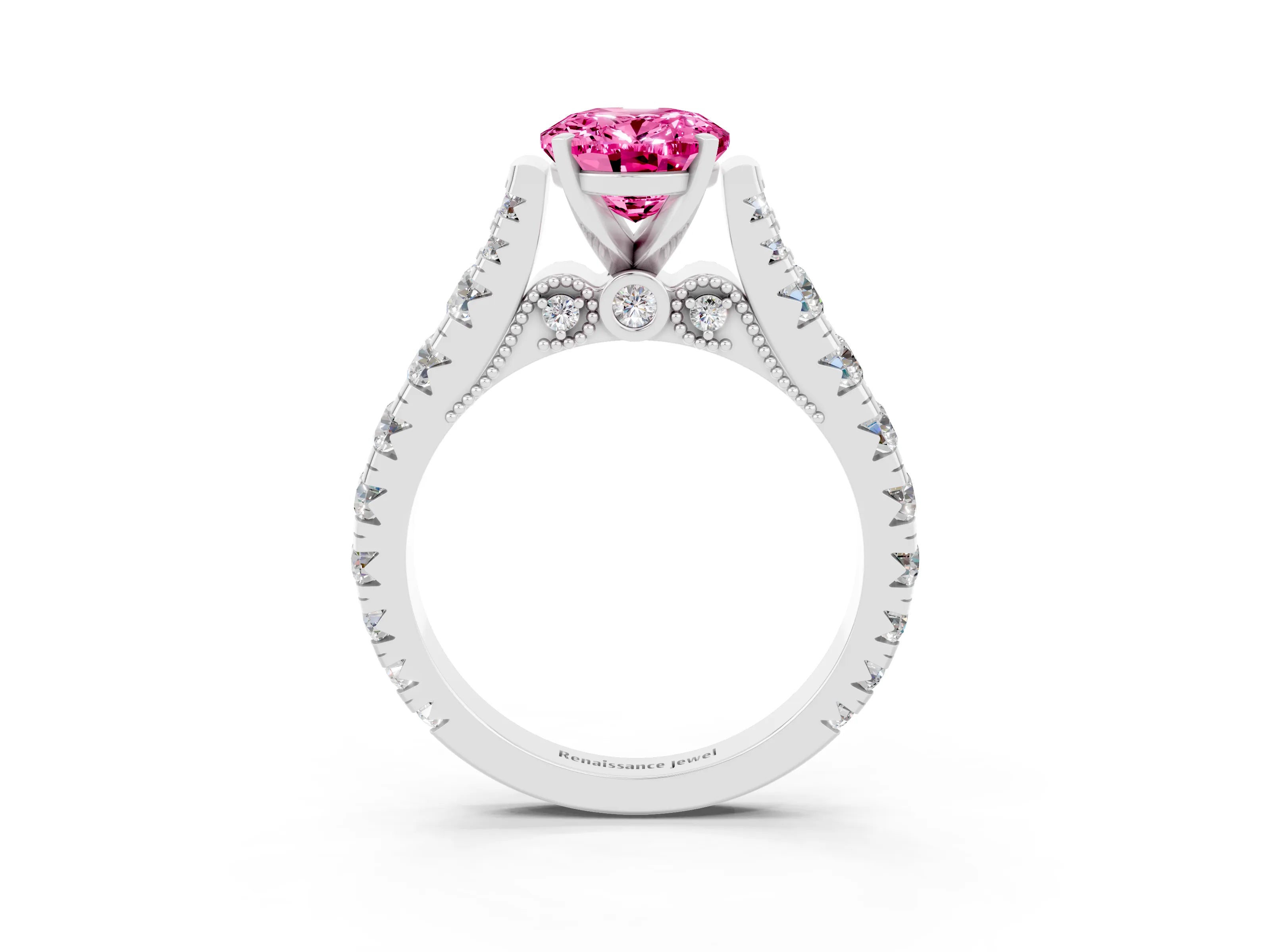 White gold Oval Cut Pink Sapphire Classic Solitaire Ring with Pavé Band and Four-Prong Setting_15