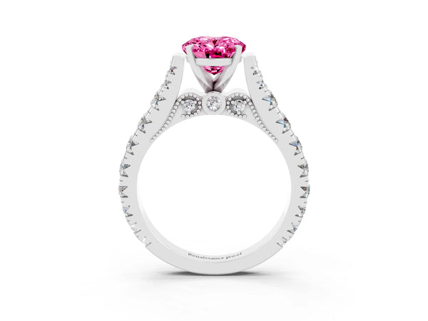 Platinum Oval Cut Pink Sapphire Classic Solitaire Ring with Pavé Band and Four-Prong Setting