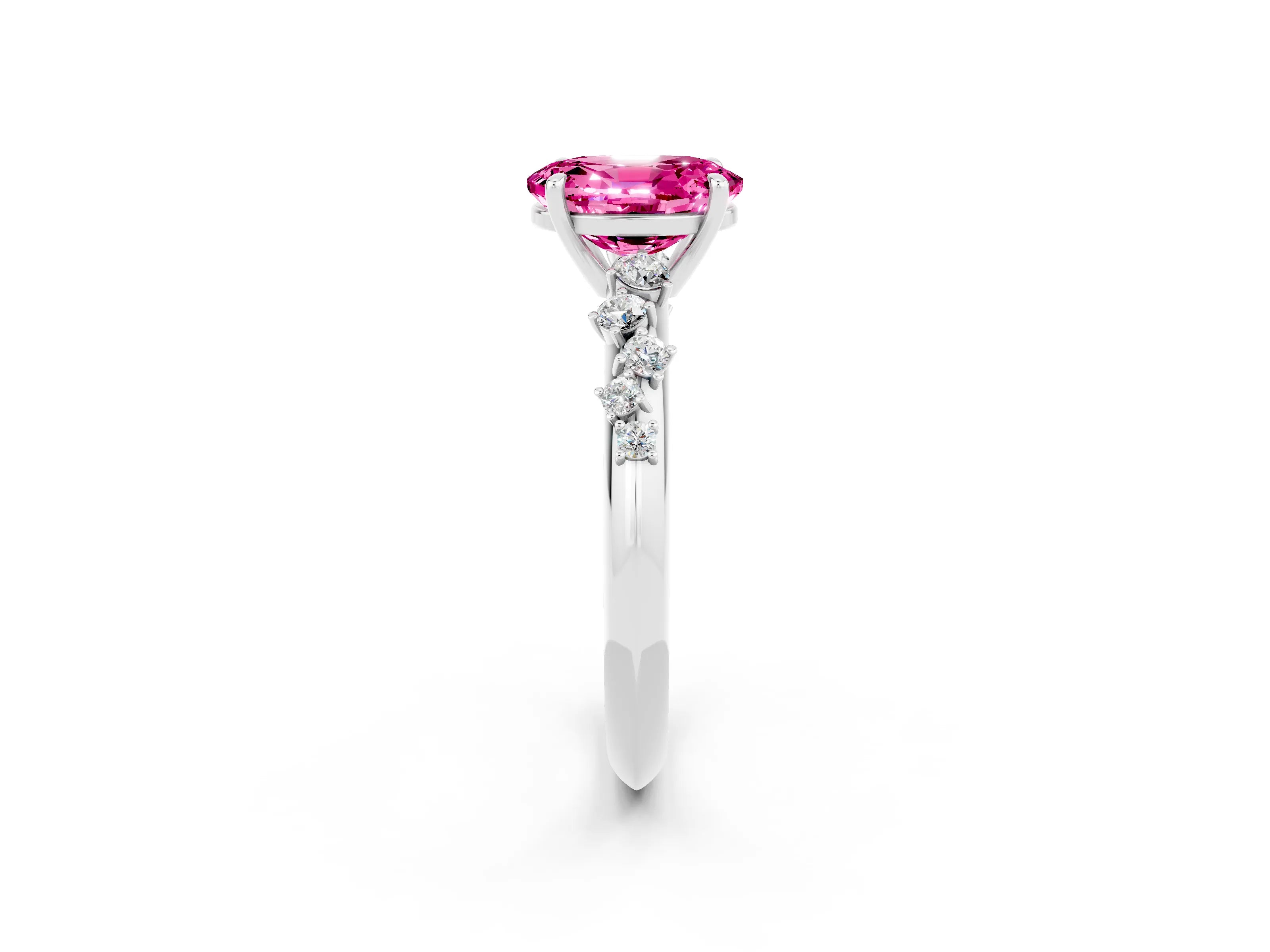 White gold Oval Cut Pink Sapphire Cluster Side Stone Solitaire Ring with Prong Setting_50