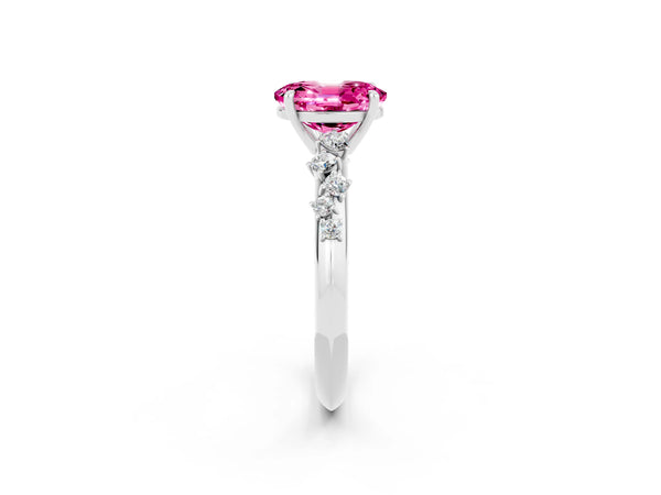 Platinum Oval Cut Pink Sapphire Cluster Side Stone Solitaire Ring with Prong Setting