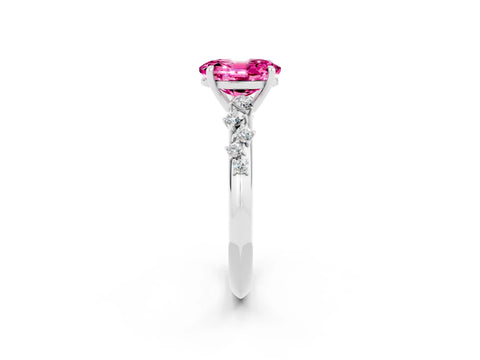 White gold Oval Cut Pink Sapphire Cluster Side Stone Solitaire Ring with Prong Setting_50