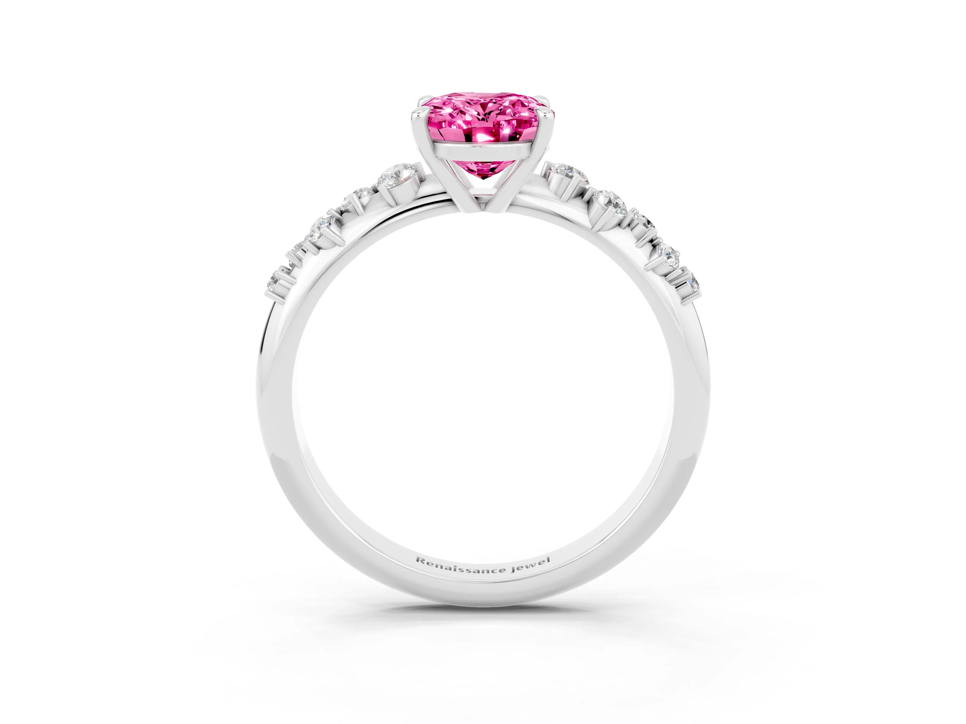 White gold Oval Cut Pink Sapphire Cluster Side Stone Solitaire Ring with Prong Setting_51