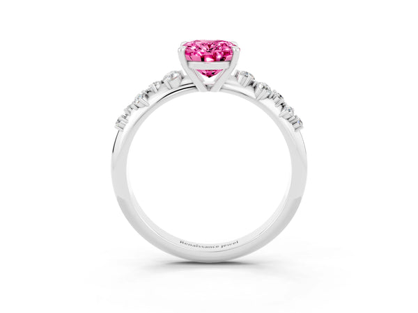 Platinum Oval Cut Pink Sapphire Cluster Side Stone Solitaire Ring with Prong Setting
