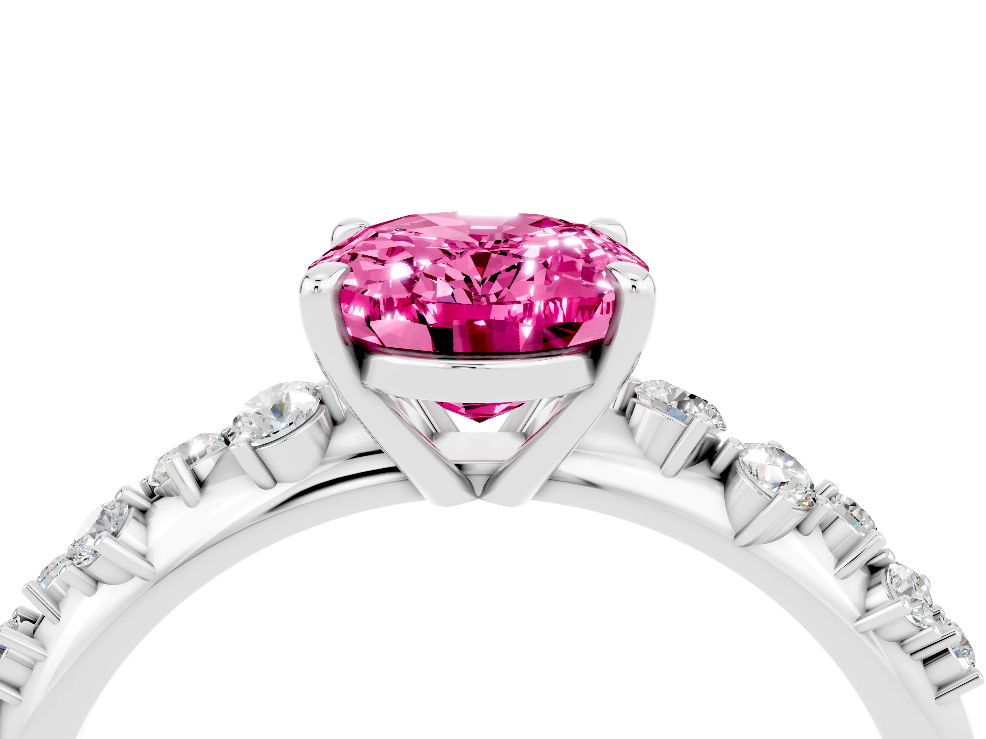 White gold Oval Cut Pink Sapphire Cluster Side Stone Solitaire Ring with Prong Setting_52