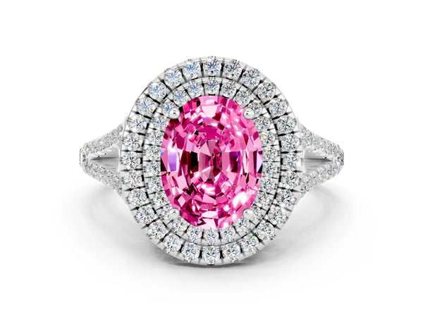White gold Oval Cut Pink Sapphire Double Halo Ring with Pavé Band and Prong Setting