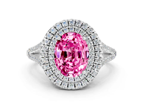 White gold Oval Cut Pink Sapphire Double Halo Ring with Pavé Band and Prong Setting_12