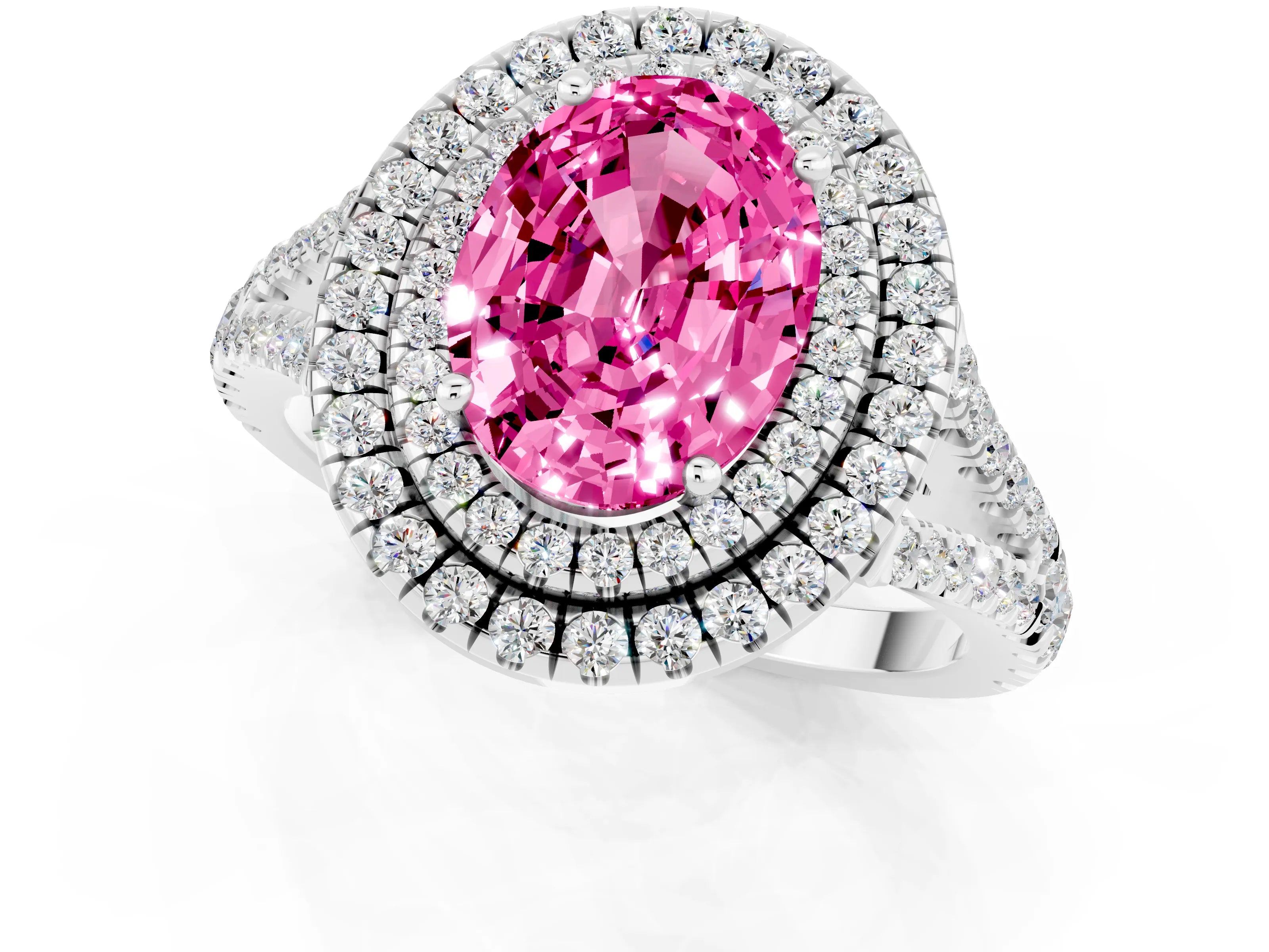 White gold Oval Cut Pink Sapphire Double Halo Ring with Pavé Band and Prong Setting_13