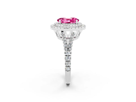 White gold Oval Cut Pink Sapphire Double Halo Ring with Pavé Band and Prong Setting_14