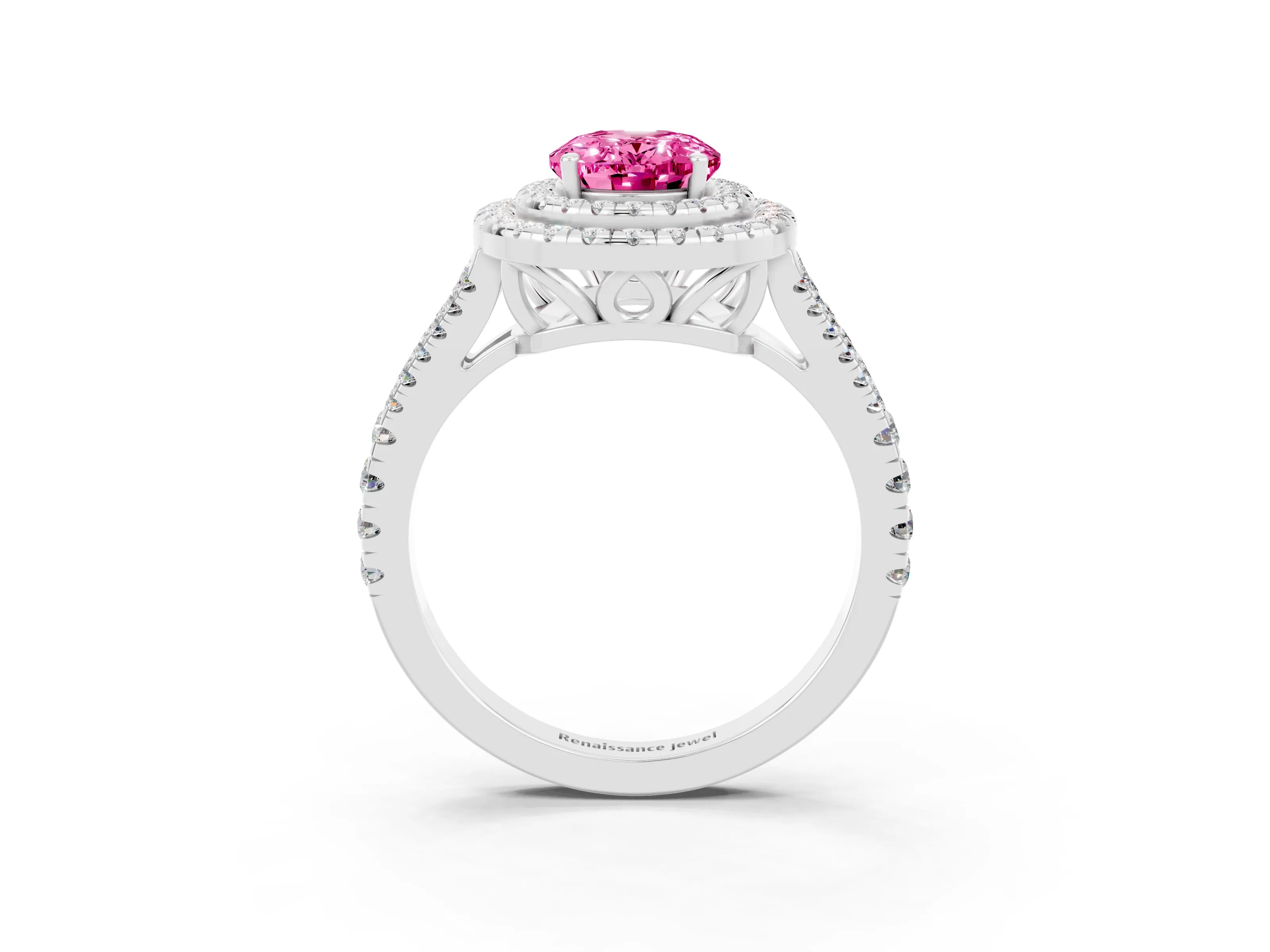 White gold Oval Cut Pink Sapphire Double Halo Ring with Pavé Band and Prong Setting_15