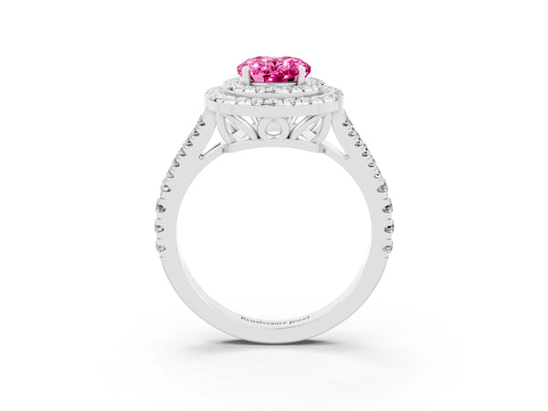White gold Oval Cut Pink Sapphire Double Halo Ring with Pavé Band and Prong Setting