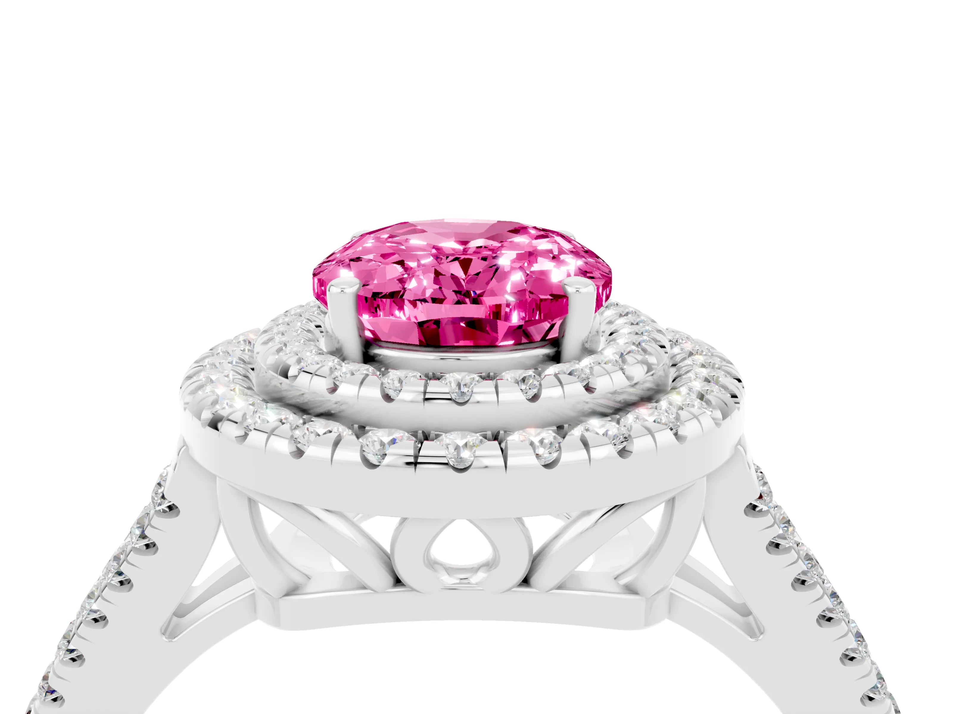 White gold Oval Cut Pink Sapphire Double Halo Ring with Pavé Band and Prong Setting_16