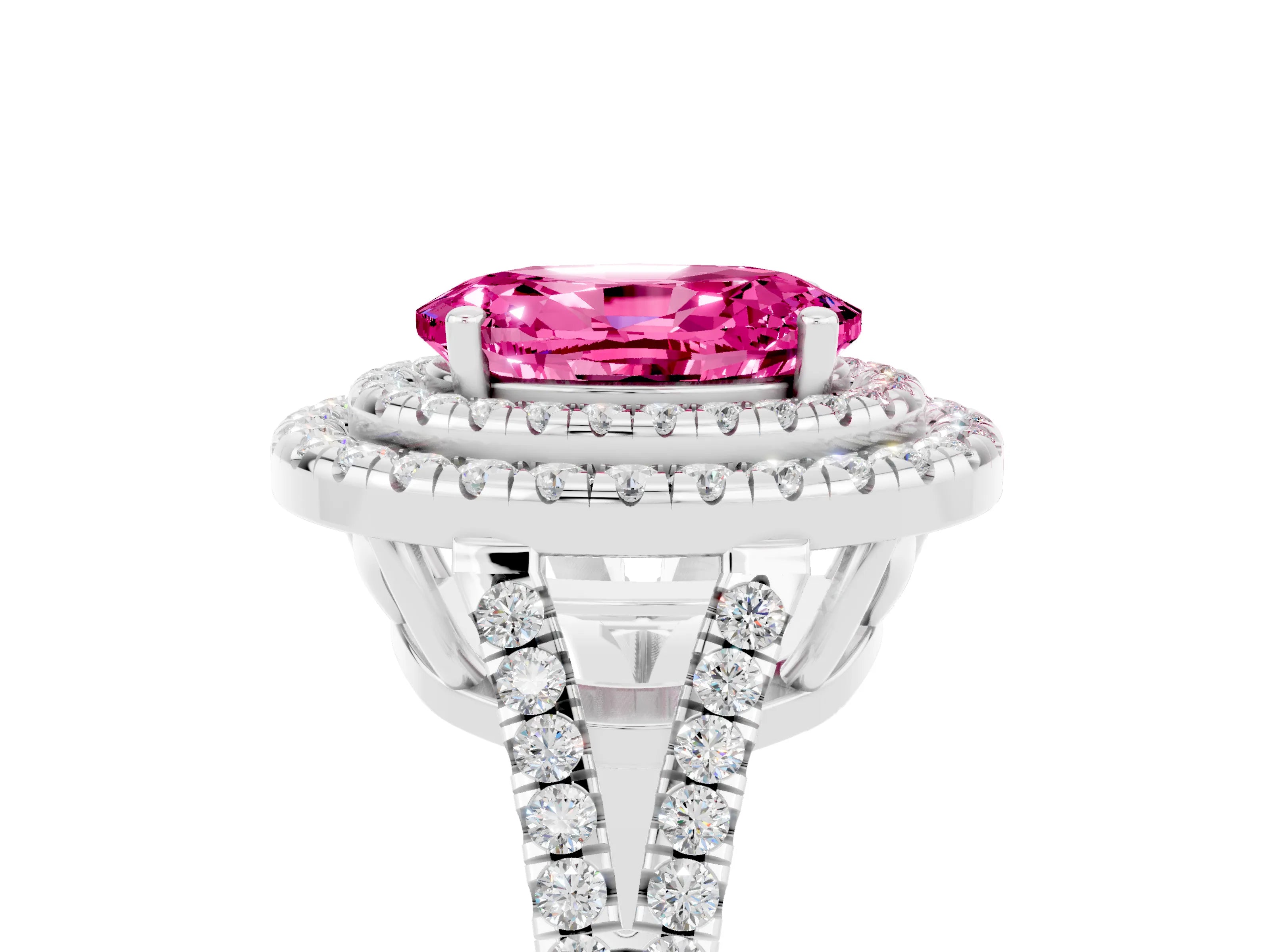 White gold Oval Cut Pink Sapphire Double Halo Ring with Pavé Band and Prong Setting_17