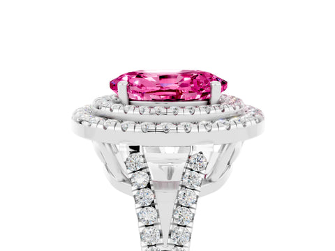 White gold Oval Cut Pink Sapphire Double Halo Ring with Pavé Band and Prong Setting_17