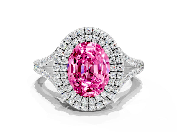 Silver Oval Cut Pink Sapphire Double Halo Ring with Split Shank and Prong Setting