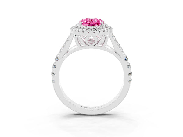 Silver Oval Cut Pink Sapphire Double Halo Ring with Split Shank and Prong Setting
